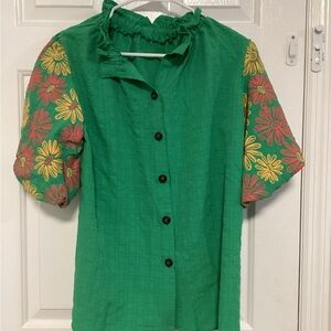 Green Blouse with Floral Sleeves